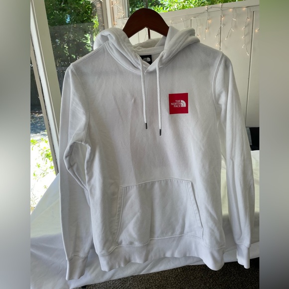 Women’s North Face Hoodie White Red Block Logo Pullover Sweatshirt Size Small - Picture 1 of 6